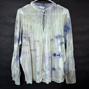 Soft Surroundings Blouse Tie Dye Pleated Green Blue Size Medium Top Long Sleeve